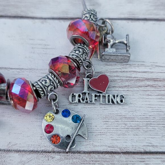 Crafting Charm Bracelet Red & Silver Tone - Fair Condition - Picture 2 of 16